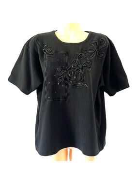 Santoria Black Bead Embellished Knit Top Woman Size Large Short Sleeve